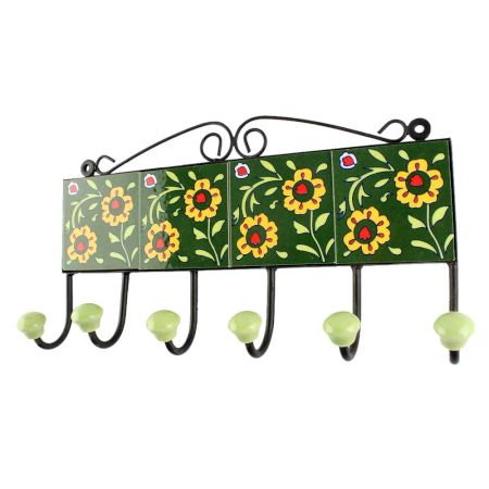 Forest Green Tiny Flower Ceramic Tile Hook